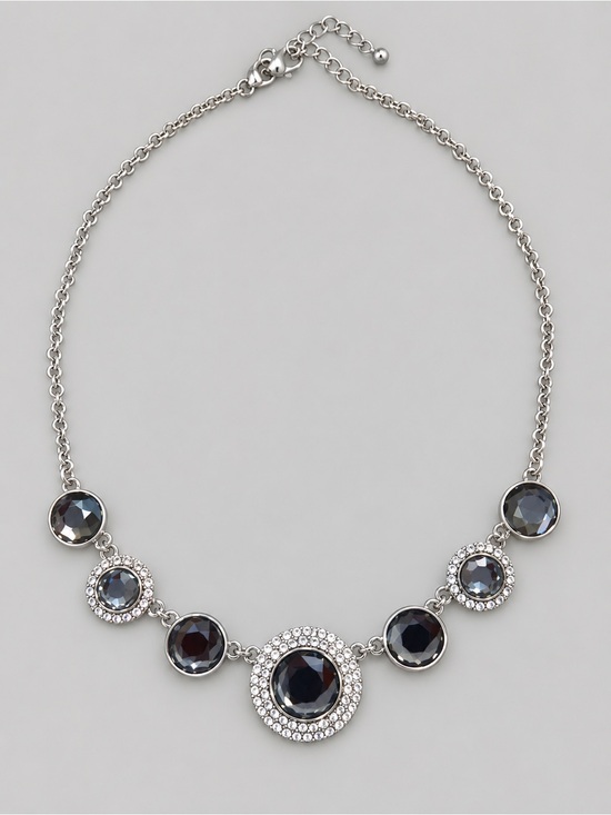 Jewelry - Silver-Tone Smoky Gray Statement Necklace with Rhinestone Accents 18-21”